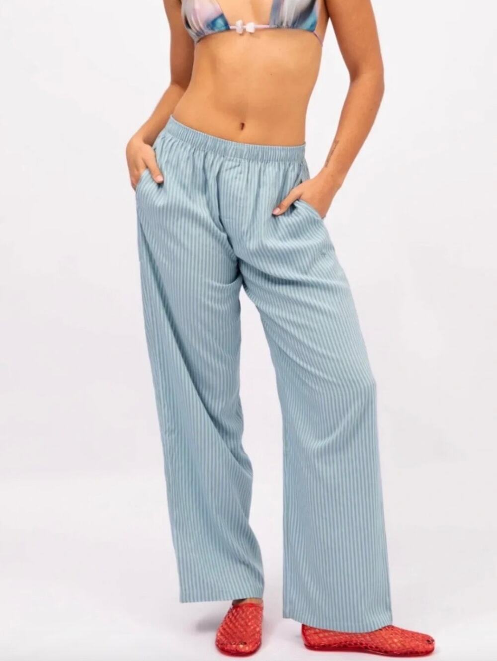 Saint Paradiso Boxer Pants in Ocean Stripe Women's Sz S Green Blue Lounge Casual